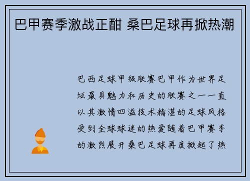 巴甲赛季激战正酣 桑巴足球再掀热潮 巴甲赛季激战正酣 桑巴足球再掀热潮