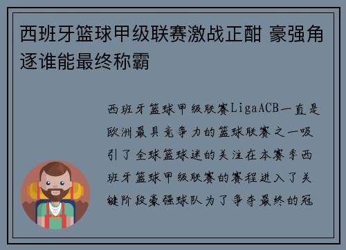 西班牙篮球甲级联赛激战正酣 豪强角逐谁能最终称霸