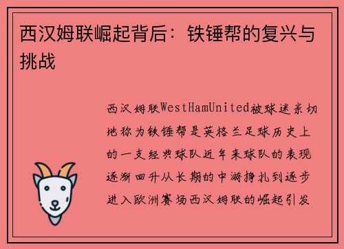 西汉姆联崛起背后:铁锤帮的复兴与挑战 西汉姆联崛起背后:铁锤帮的复兴与挑战